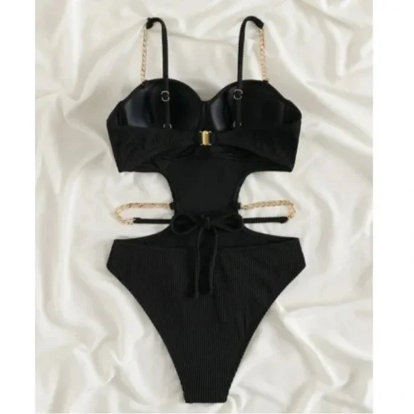 Ribbed Cut out Tie Back Monokini One Piece Swimsuit - Picture 6 of 13